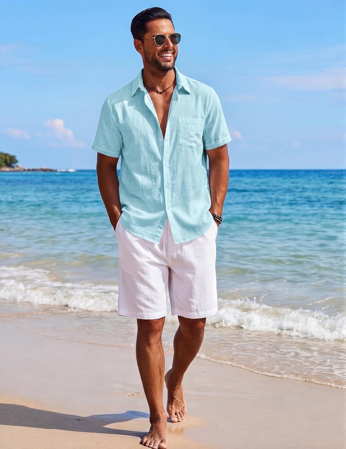 image:imageCOOFANDY Mens Short Sleeve Button Down Shirts Casual Cotton Beach Summer Linen Textured ShirtsSky Blue