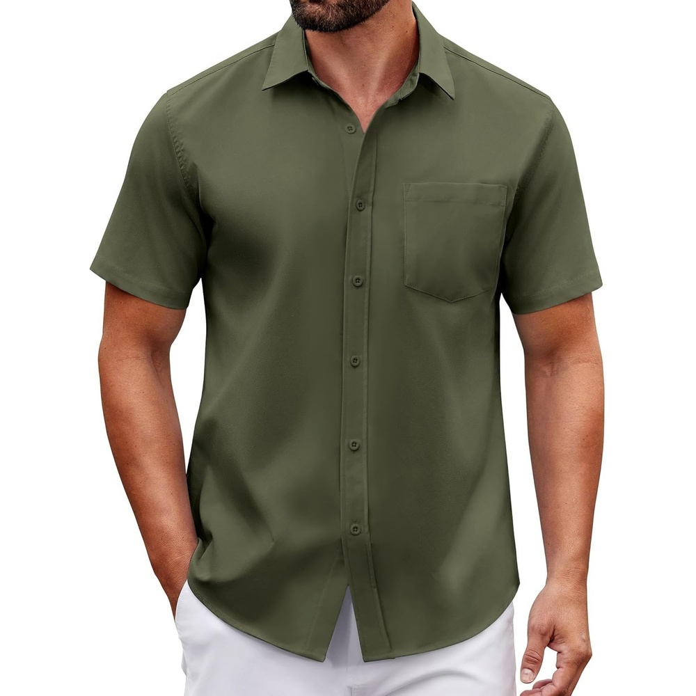image:imageCOOFANDY Men Button Down Shirt Short Sleeve Casual Shirts Printed Dress Shirt with PocketDark Army Green
