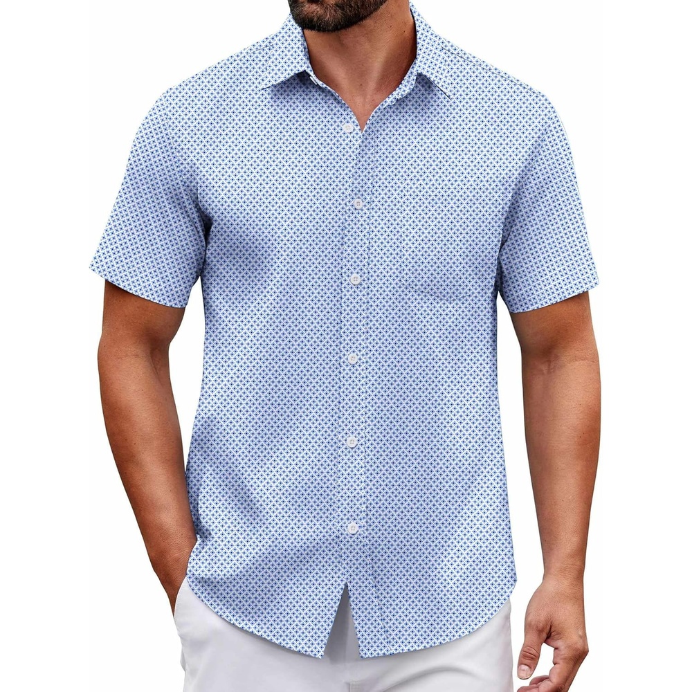image:imageCOOFANDY Men Button Down Shirt Short Sleeve Casual Shirts Printed Dress Shirt with PocketLight Bluesquare