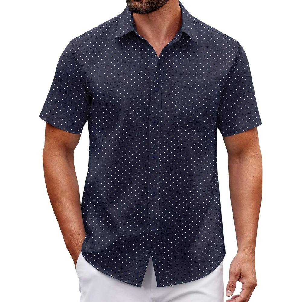 image:imageCOOFANDY Men Button Down Shirt Short Sleeve Casual Shirts Printed Dress Shirt with PocketNavy Bluepolka Dots