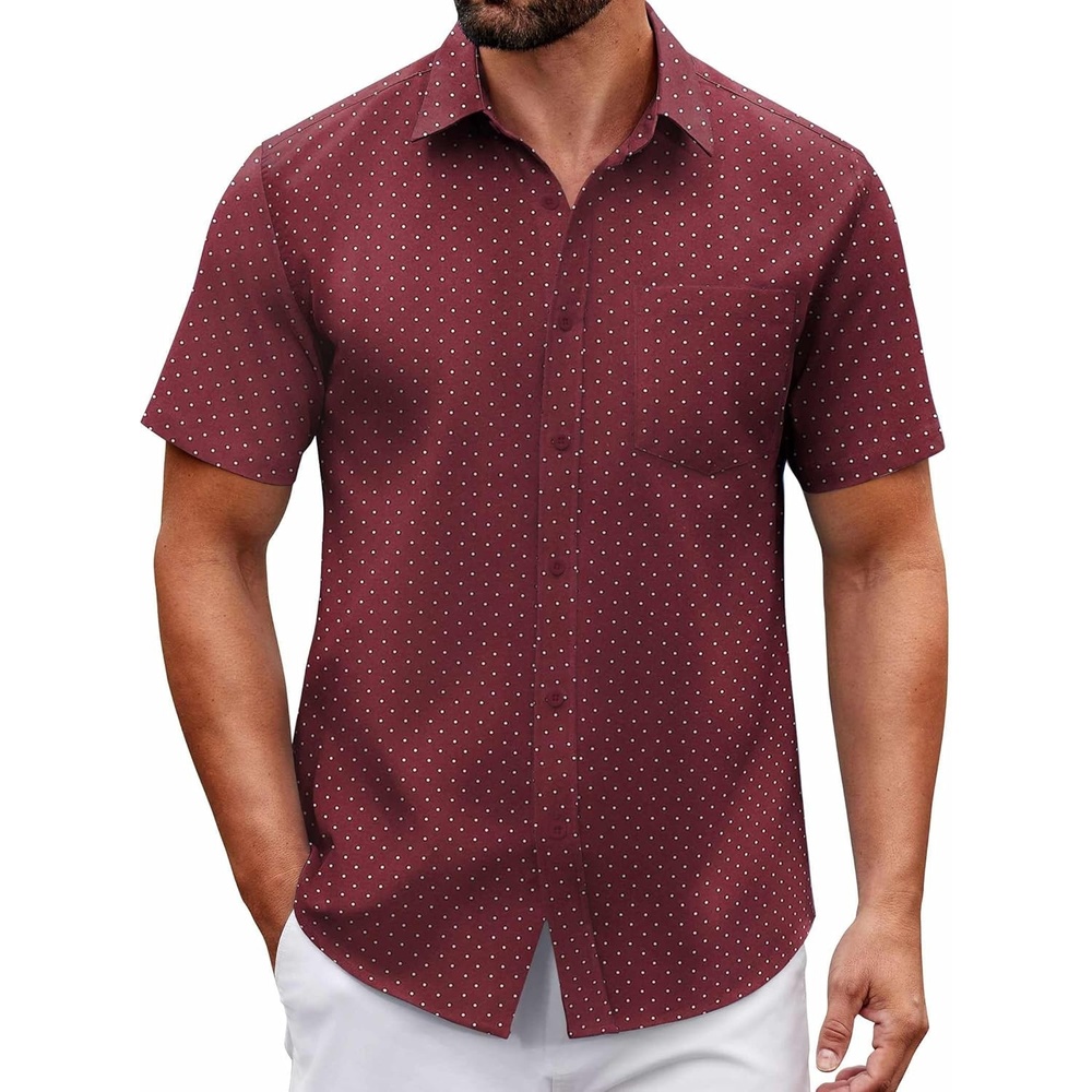 image:imageCOOFANDY Men Button Down Shirt Short Sleeve Casual Shirts Printed Dress Shirt with PocketWine Redpolka Dots