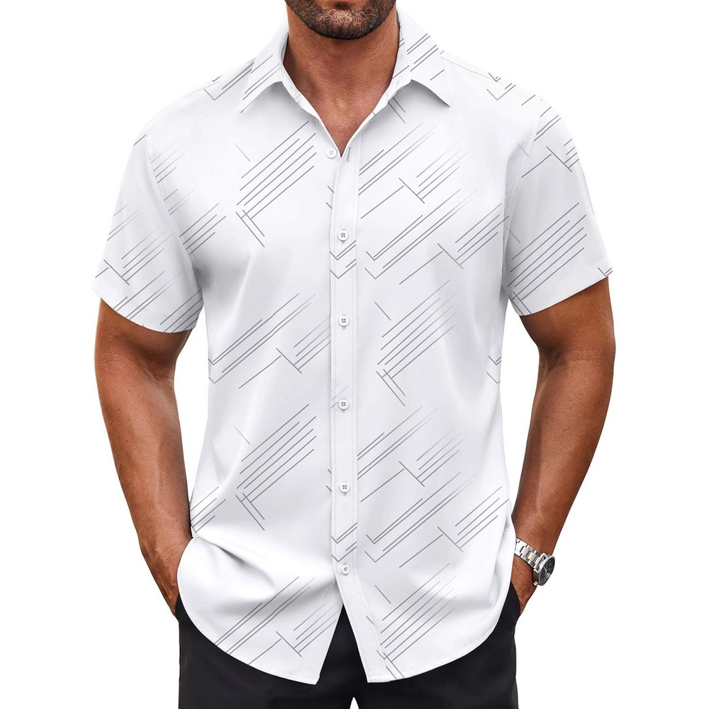 image:imageCOOFANDY Mens Button Down Shirt Short Sleeve Dress Shirt Casual Beach Summer Wedding ShirtWhite Irregular Lines