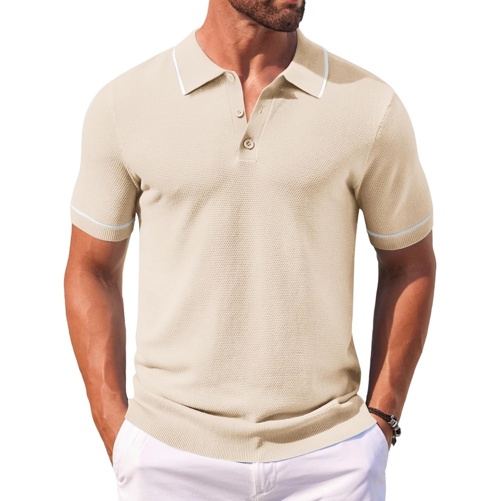 image:imageCOOFANDY Mens Knit Polo Shirts Casual Short Sleeve Button Down Shirts Crochet Classic Golf Polo Collared ShirtsBeige