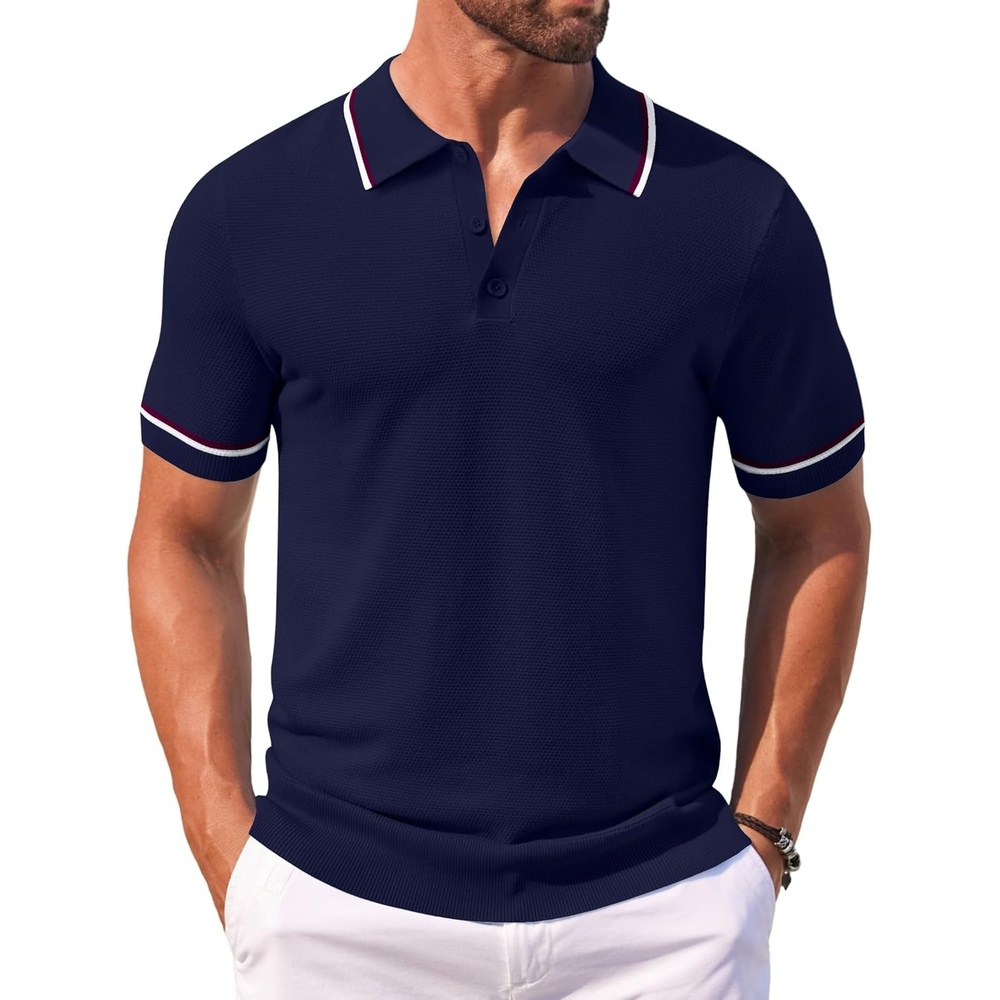 image:imageCOOFANDY Mens Knit Polo Shirts Casual Short Sleeve Button Down Shirts Crochet Classic Golf Polo Collared ShirtsBlack Red White Stripes