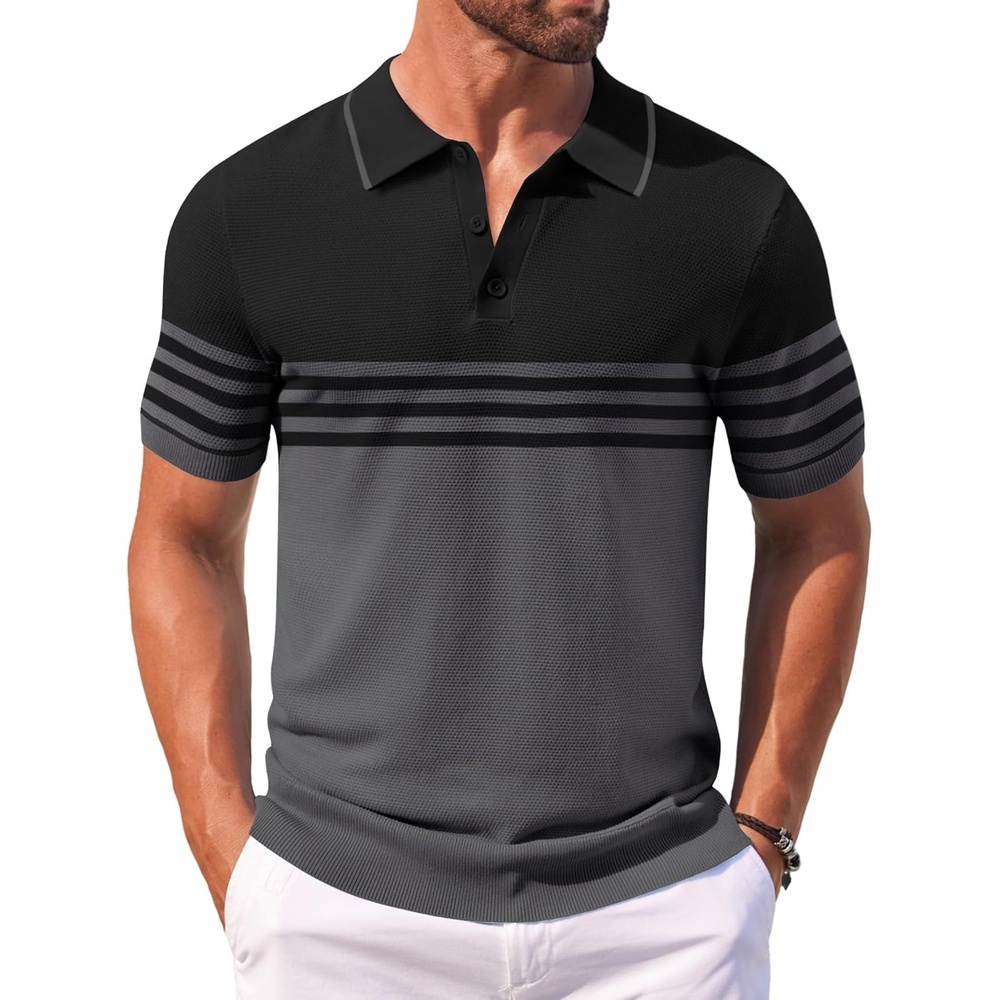 image:imageCOOFANDY Mens Knit Polo Shirts Casual Short Sleeve Button Down Shirts Crochet Classic Golf Polo Collared ShirtsBlack With Grey Stripes