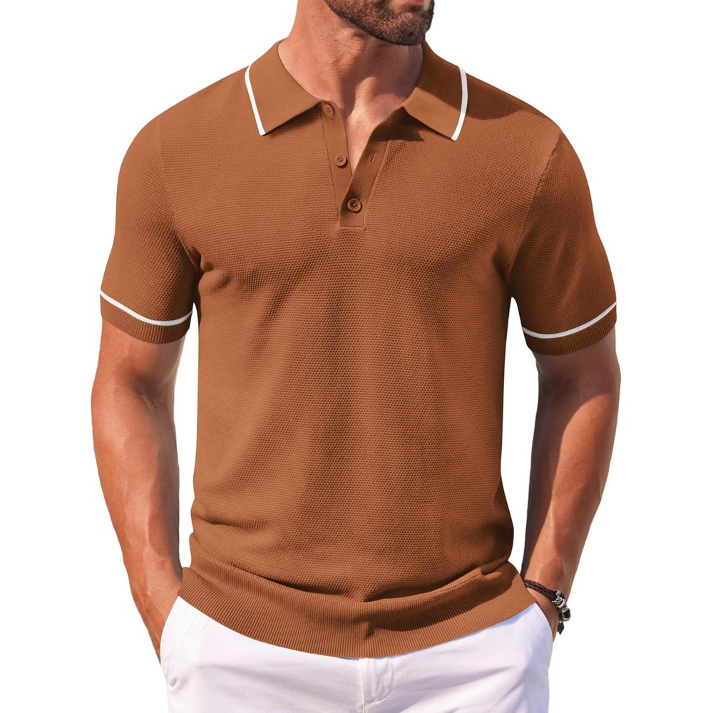 image:imageCOOFANDY Mens Knit Polo Shirts Casual Short Sleeve Button Down Shirts Crochet Classic Golf Polo Collared ShirtsLight Brown