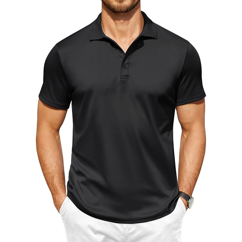 image:imageCOOFANDY Mens Short Sleeve Polo Shirt Quick Drying Workout Shirts Moisture Wicking Golf Tee Shirts Black