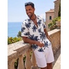 COOFANDY Mens Short Sleeve Button Down Shirts Casual Cotton Beach Summer Linen Textured Shirts(Palm Leaf Print-navy)