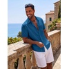 COOFANDY Mens Short Sleeve Button Down Shirts Casual Cotton Beach Summer Linen Textured Shirts(Sea Blue)