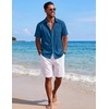 COOFANDY Mens Short Sleeve Button Down Shirts Casual Cotton Beach Summer Linen Textured Shirts(Sea Blue)