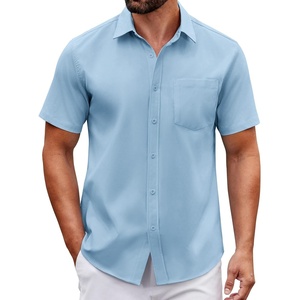 COOFANDY Men Button Down Shirt Short Sleeve Casual Shirts Printed Dress Shirt with Pocket(Blue)
