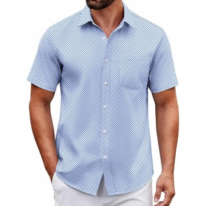 COOFANDY Men Button Down Shirt Short Sleeve Casual Shirts Printed Dress Shirt with Pocket(Light Blue-square)