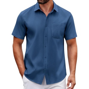 COOFANDY Men Button Down Shirt Short Sleeve Casual Shirts Printed Dress Shirt with Pocket(Navy Blue)