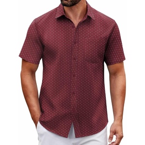 COOFANDY Men Button Down Shirt Short Sleeve Casual Shirts Printed Dress Shirt with Pocket(Wine Red-polka Dots)