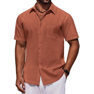 COOFANDY Mens Short Sleeve Button Down Shirts Casual Cotton Beach Summer Linen Textured Shirts(Burnt Orange)