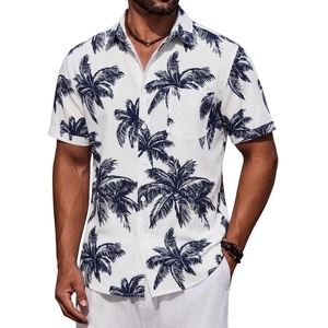 COOFANDY Mens Short Sleeve Button Down Shirts Casual Cotton Beach Summer Linen Textured Shirts(Palm Leaf Print-navy)
