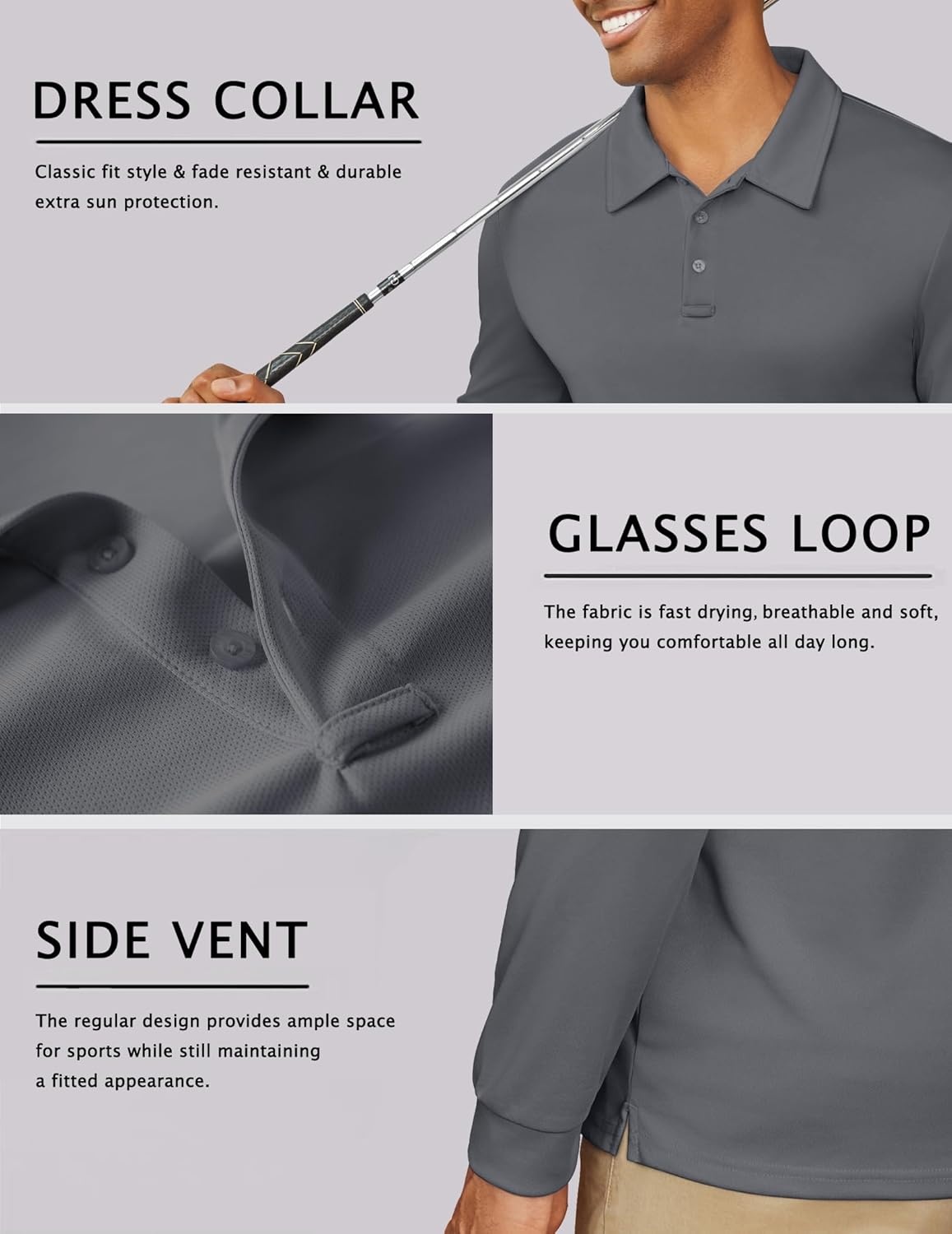 image:imageCOOFANDY Mens Polo Shirt Long Sleeve Golf Shirt Lightweight UPF 50 Sun Protection Quick Dry Moisture Wicking Collared ShirtDark Grey