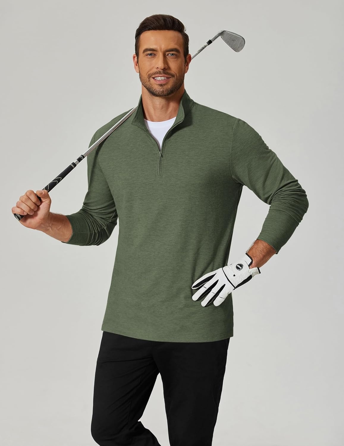 image:imageCOOFANDY Mens Quarter Zip Pullover Lightweight Mock Neck Sweatshirt Casual Long Sleeve Polo ShirtsArmy Green