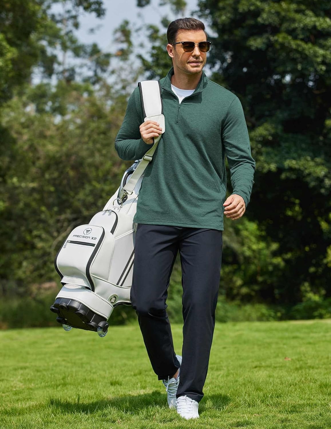 image:imageCOOFANDY Mens Quarter Zip Pullover Lightweight Mock Neck Sweatshirt Casual Long Sleeve Polo ShirtsGreen
