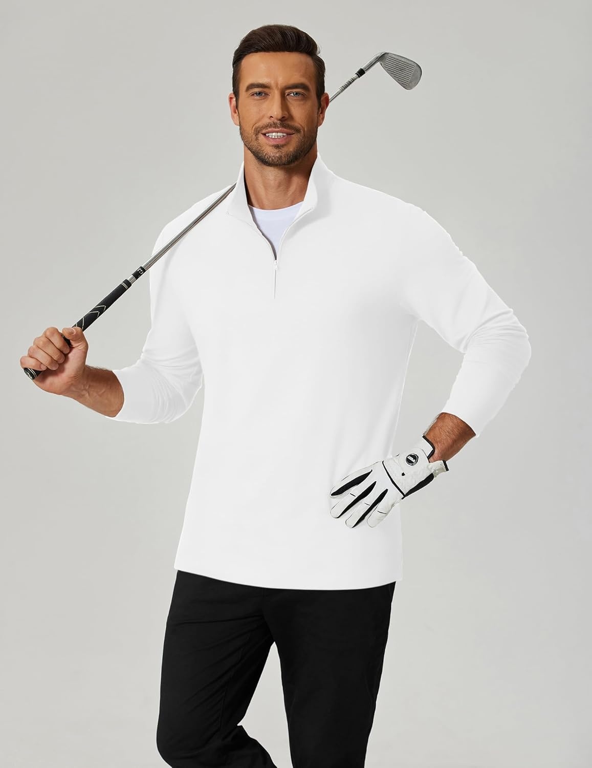 image:imageCOOFANDY Mens Quarter Zip Pullover Lightweight Mock Neck Sweatshirt Casual Long Sleeve Polo ShirtsWhite