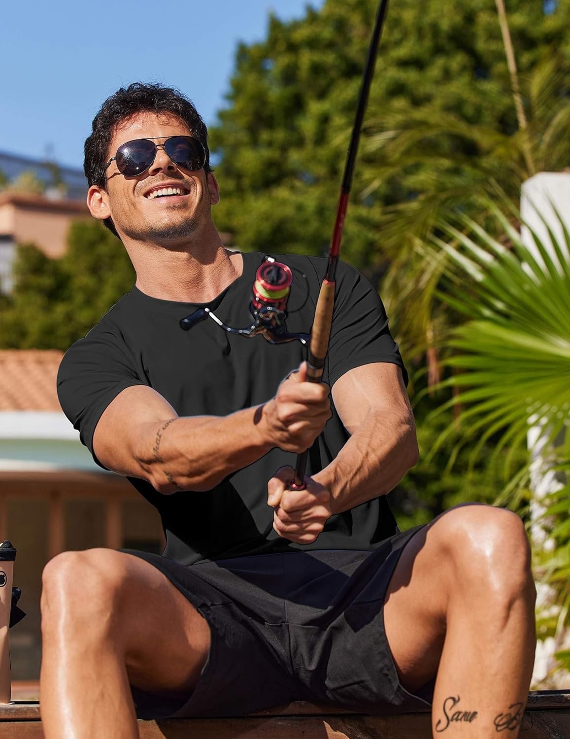 image:imageCOOFANDY Mens Swim Shirt Short Sleeve UPF 50 Sun Shirt Rash Guard TShirts Quick Dry Beach Shirts BreathableBlack
