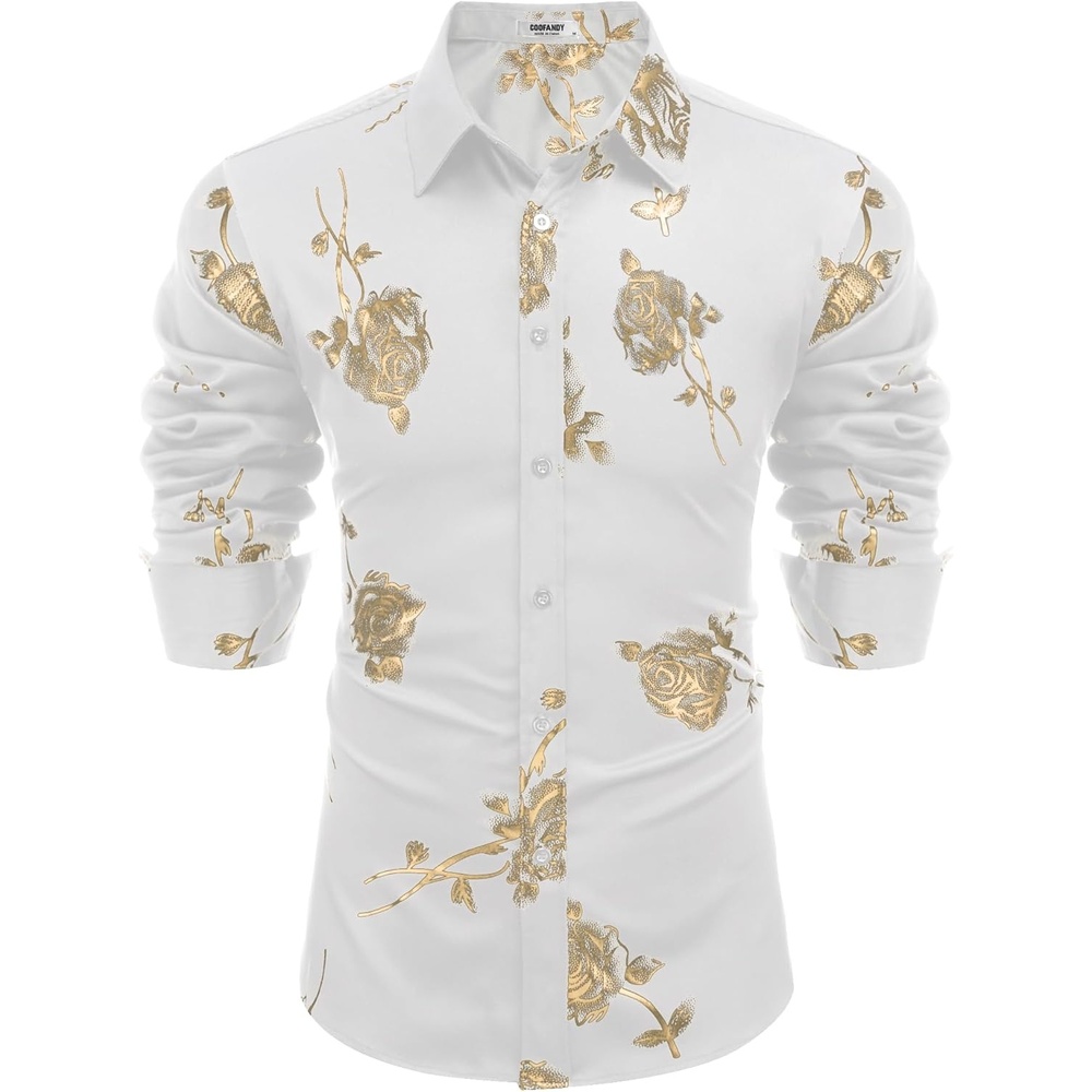 image:imageCOOFANDY Mens Luxury Design Shirts Latin Mardi Gras Dress Shirts Big and Tall White Flower