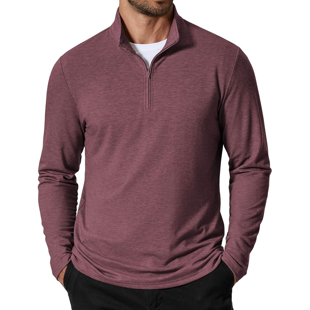 image:imageCOOFANDY Mens Quarter Zip Pullover Lightweight Mock Neck Sweatshirt Casual Long Sleeve Polo ShirtsDark Red