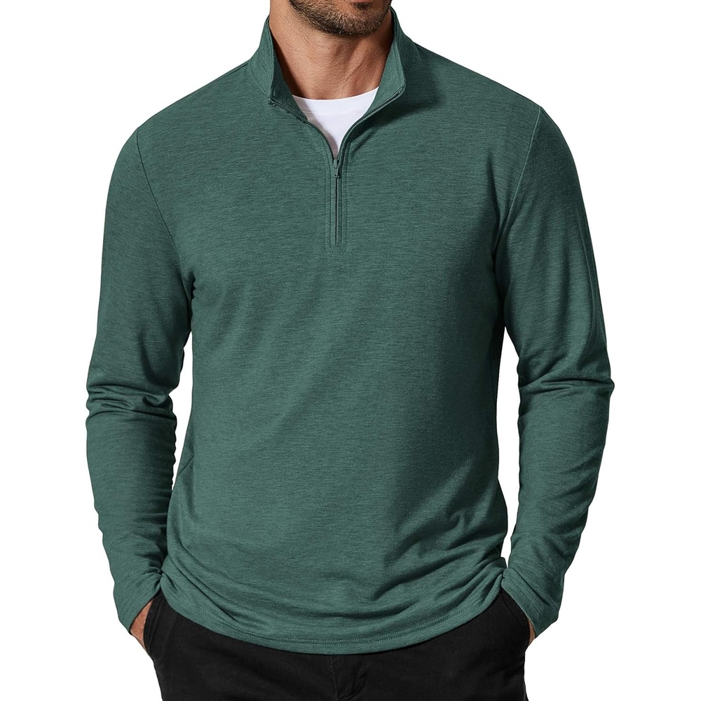 image:imageCOOFANDY Mens Quarter Zip Pullover Lightweight Mock Neck Sweatshirt Casual Long Sleeve Polo ShirtsGreen