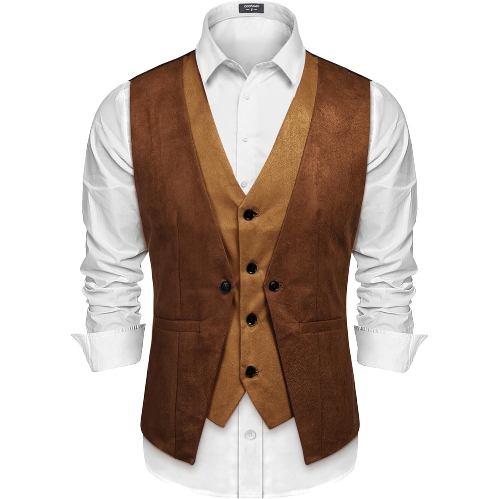 image:imageCOOFANDY Mens Suede Leather Vest Layered Style Dress Vest Waistcoat Brown Large