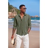 COOFANDY Mens Cuban Guayabera Shirt Casual Button Down Shirts Long Sleeve Summer Beach Shirts(Army Green-white Webbing)