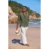 COOFANDY Mens Cuban Guayabera Shirt Casual Button Down Shirts Long Sleeve Summer Beach Shirts(Army Green-white Webbing)