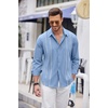 COOFANDY Mens Cuban Guayabera Shirt Casual Button Down Shirts Long Sleeve Summer Beach Shirts(Blue-white Webbing)