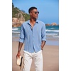 COOFANDY Mens Cuban Guayabera Shirt Casual Button Down Shirts Long Sleeve Summer Beach Shirts(Blue-white Webbing)