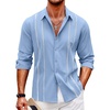 COOFANDY Mens Cuban Guayabera Shirt Casual Button Down Shirts Long Sleeve Summer Beach Shirts(Blue-white Webbing)