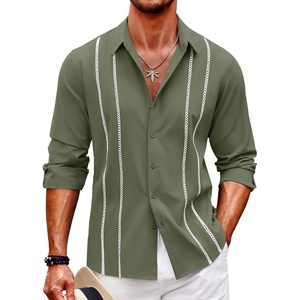 COOFANDY Mens Cuban Guayabera Shirt Casual Button Down Shirts Long Sleeve Summer Beach Shirts(Army Green-white Webbing)