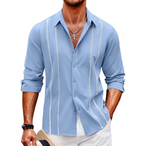COOFANDY Mens Cuban Guayabera Shirt Casual Button Down Shirts Long Sleeve Summer Beach Shirts(Blue-white Webbing)