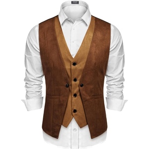 COOFANDY Men’s Suede Leather Vest Layered Style Dress Vest Waistcoat, Brown, Large