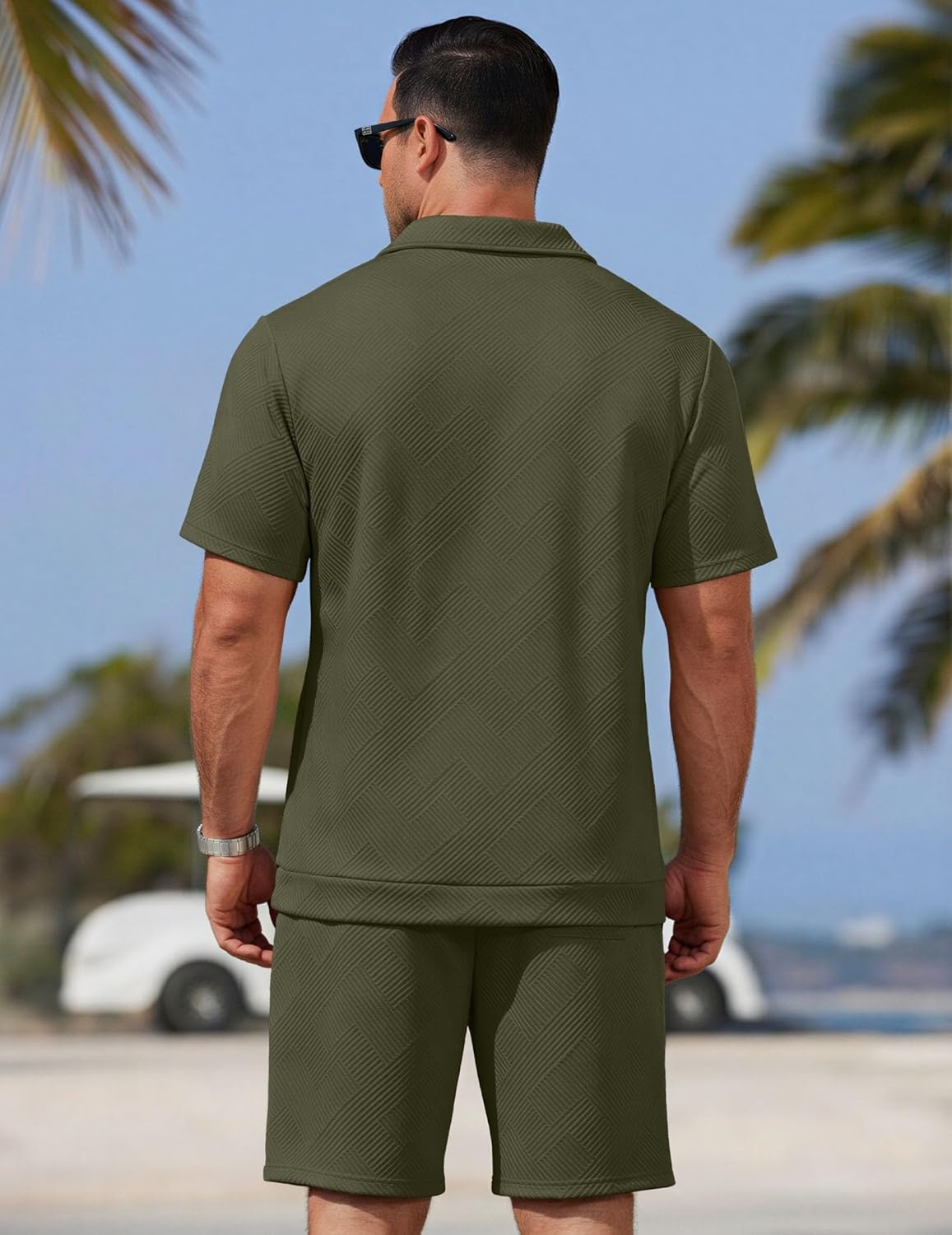 image:imageCOOFANDY Men Short Sets 2 Piece Outfits Casual Quarter Zip Polo Shorts Sets Textured Summer Outfits Fashion Tracksuit GolfArmy Green