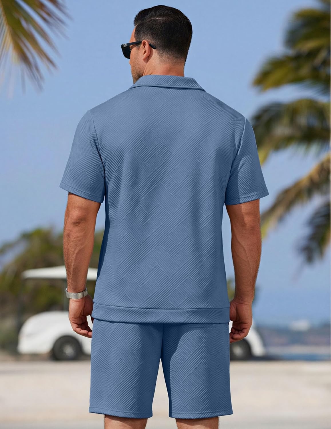 image:imageCOOFANDY Men Short Sets 2 Piece Outfits Casual Quarter Zip Polo Shorts Sets Textured Summer Outfits Fashion Tracksuit GolfSlate Blue