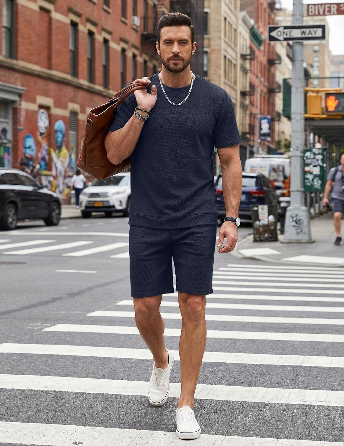 image:imageCOOFANDY Mens Cotton Waffle 2 Piece Outfits Casual Short Sleeve Shirts and Shorts Set Summer Jogging Tracksuit Lounge SetsBlue Purple