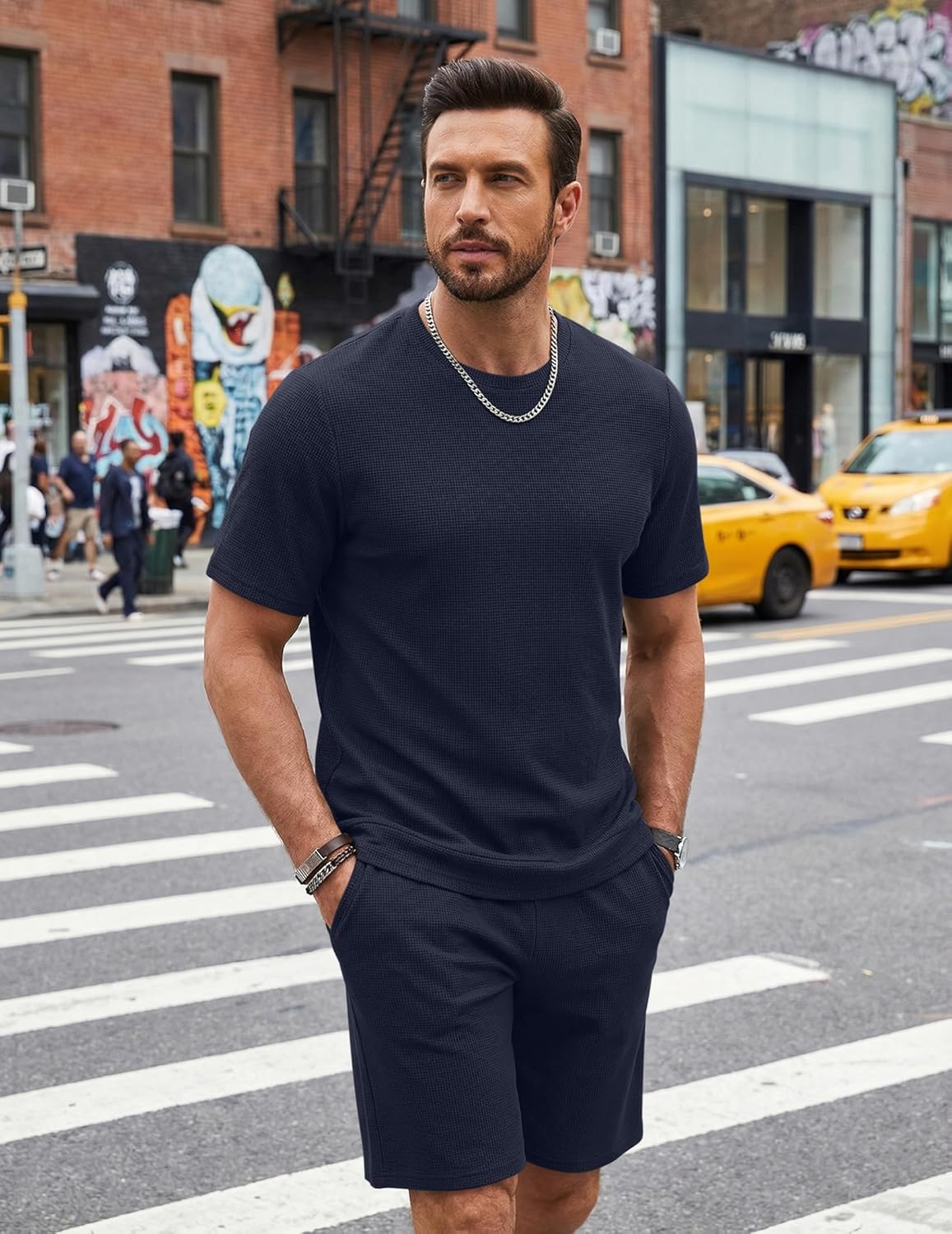 image:imageCOOFANDY Mens Cotton Waffle 2 Piece Outfits Casual Short Sleeve Shirts and Shorts Set Summer Jogging Tracksuit Lounge SetsBlue Purple