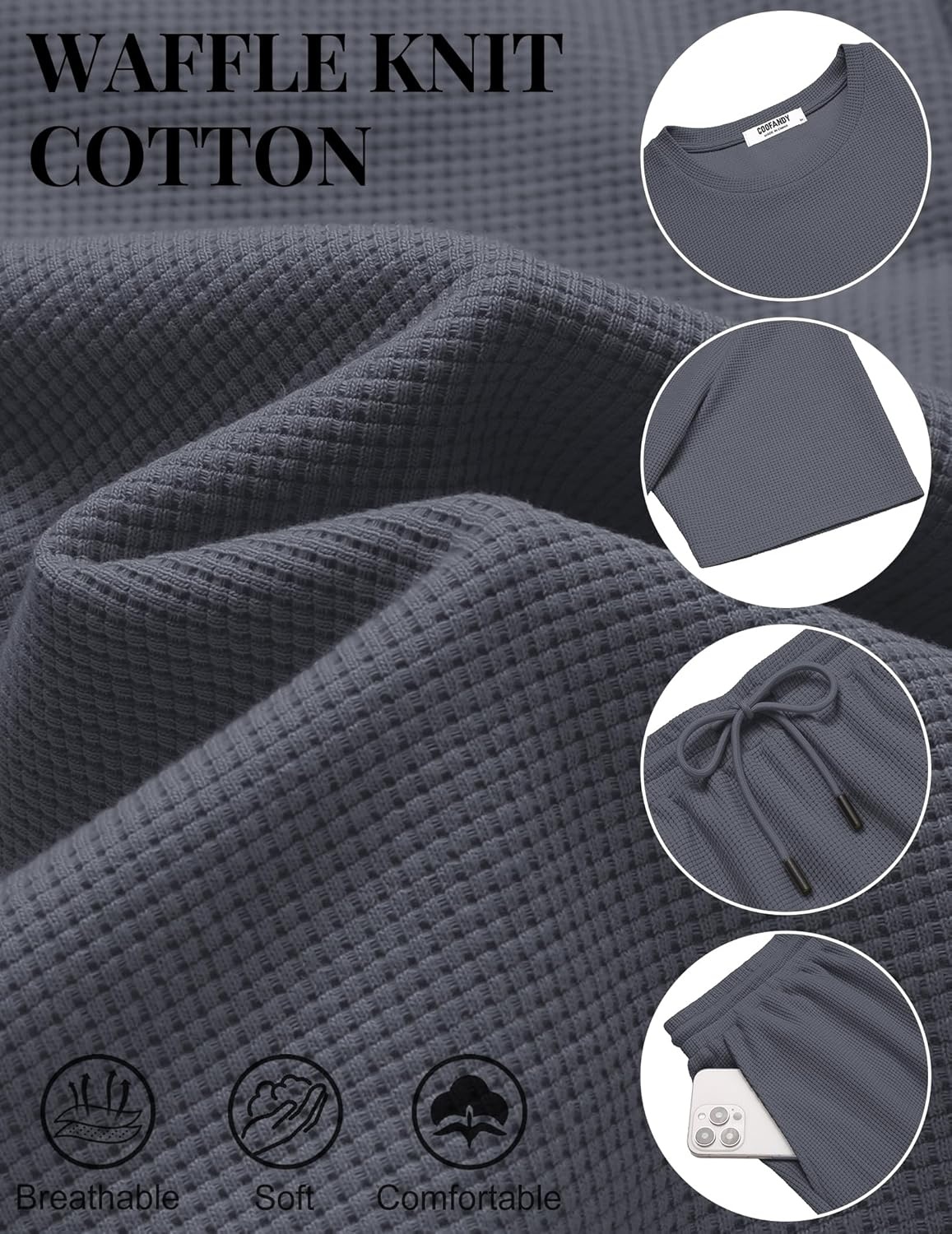 image:imageCOOFANDY Mens Cotton Waffle 2 Piece Outfits Casual Short Sleeve Shirts and Shorts Set Summer Jogging Tracksuit Lounge SetsDark Gray