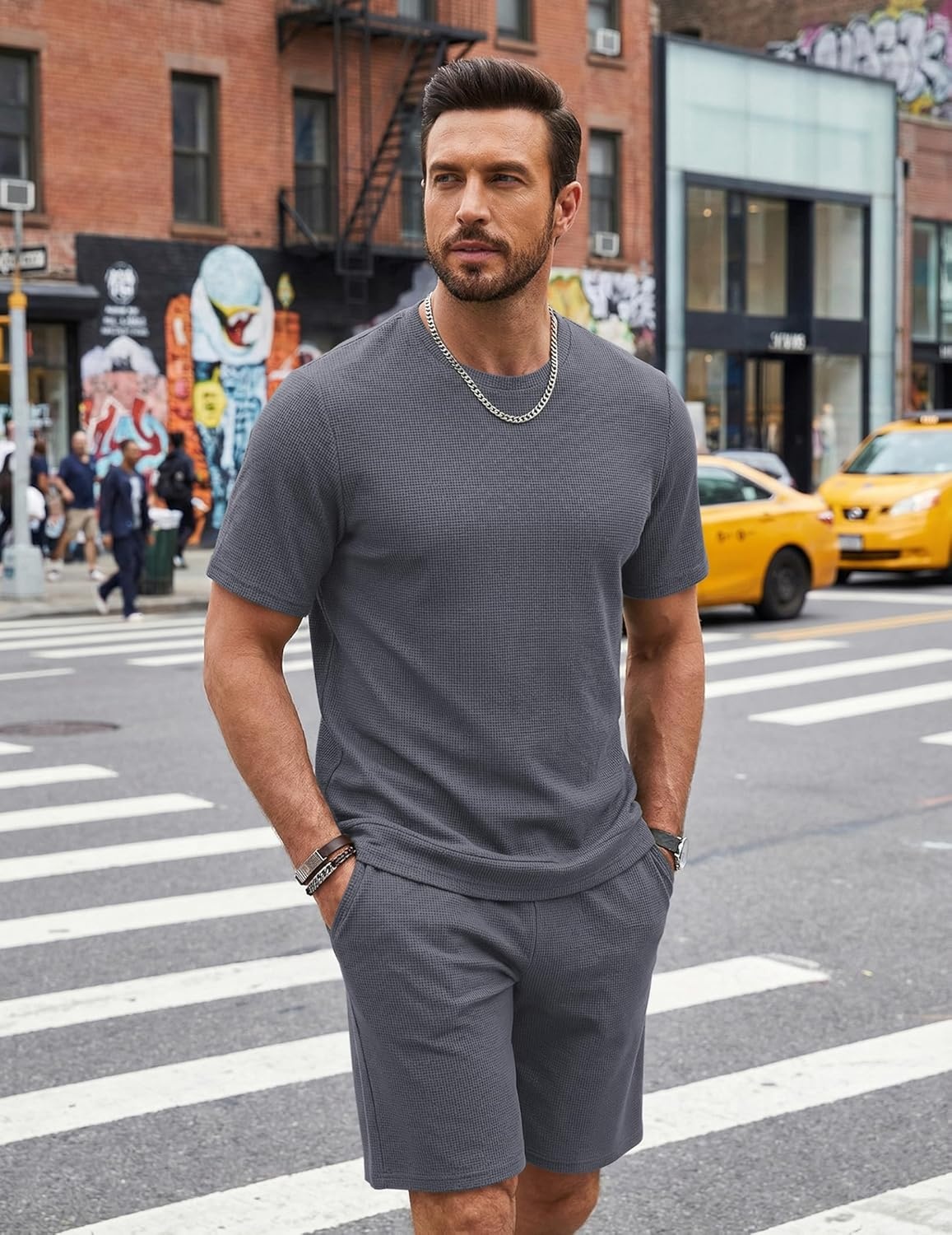 image:imageCOOFANDY Mens Cotton Waffle 2 Piece Outfits Casual Short Sleeve Shirts and Shorts Set Summer Jogging Tracksuit Lounge SetsDark Gray
