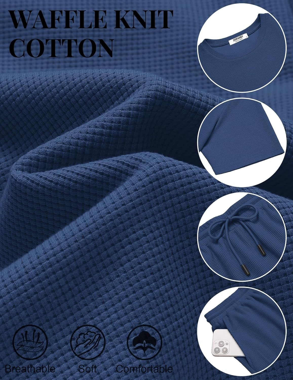 image:imageCOOFANDY Mens Cotton Waffle 2 Piece Outfits Casual Short Sleeve Shirts and Shorts Set Summer Jogging Tracksuit Lounge SetsNavy Blue