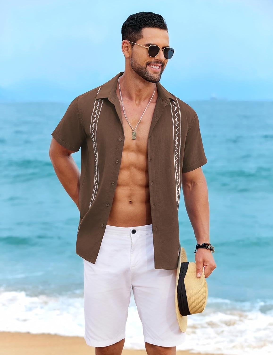 image:imageCOOFANDY Mens Cuban Guayabera Shirt Short Sleeve Casual Button Down Shirts Summer Beach Vacation ShirtsBrown