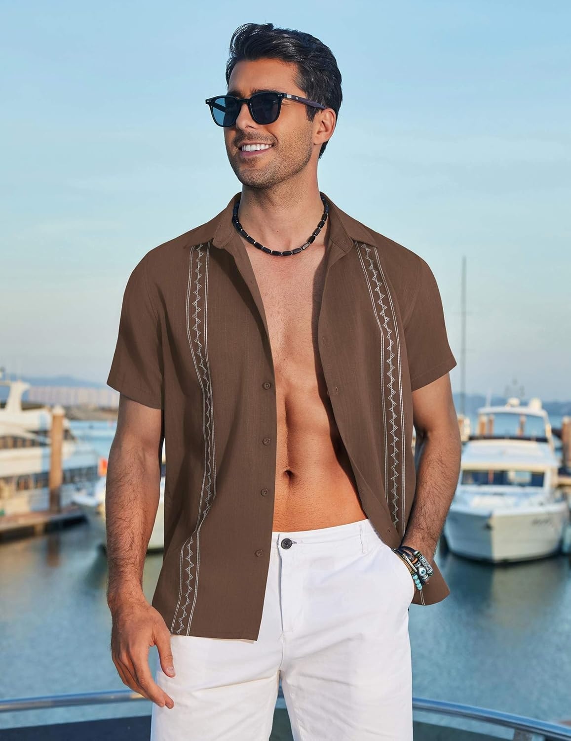 image:imageCOOFANDY Mens Cuban Guayabera Shirt Short Sleeve Casual Button Down Shirts Summer Beach Vacation ShirtsBrown