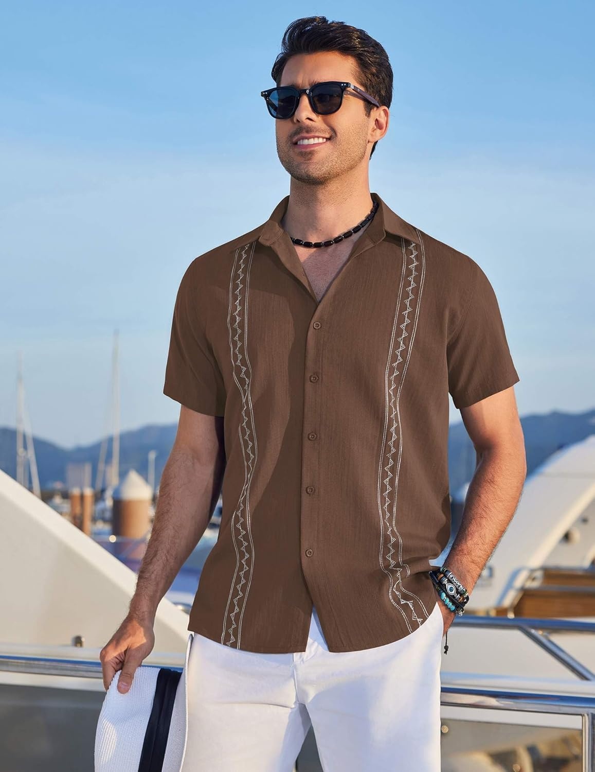 image:imageCOOFANDY Mens Cuban Guayabera Shirt Short Sleeve Casual Button Down Shirts Summer Beach Vacation ShirtsBrown