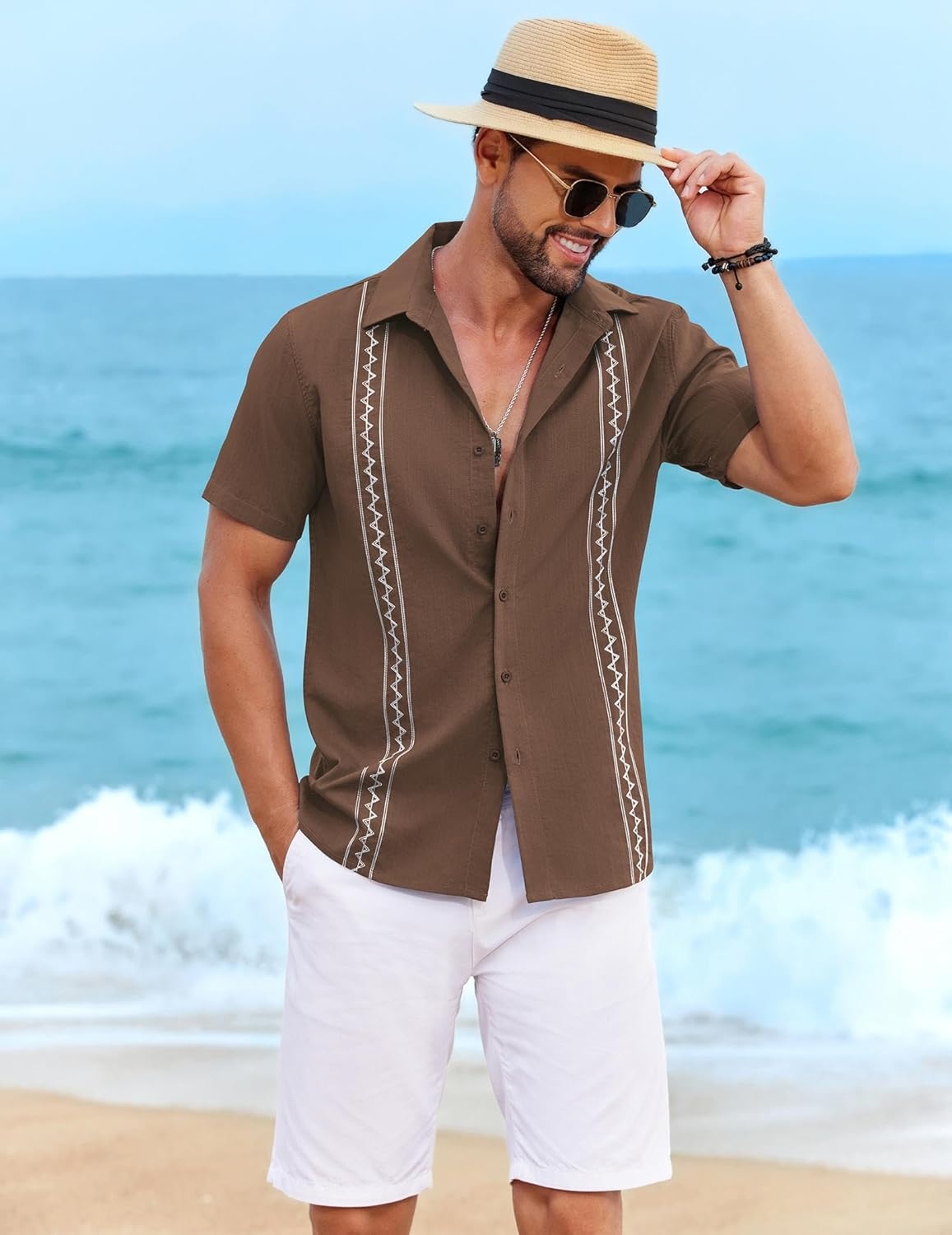 image:imageCOOFANDY Mens Cuban Guayabera Shirt Short Sleeve Casual Button Down Shirts Summer Beach Vacation ShirtsBrown