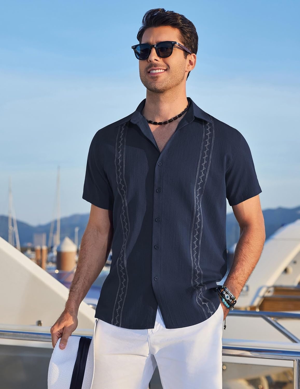image:imageCOOFANDY Mens Cuban Guayabera Shirt Short Sleeve Casual Button Down Shirts Summer Beach Vacation ShirtsDark Navy