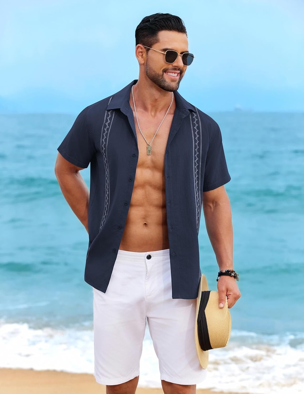 image:imageCOOFANDY Mens Cuban Guayabera Shirt Short Sleeve Casual Button Down Shirts Summer Beach Vacation ShirtsDark Navy